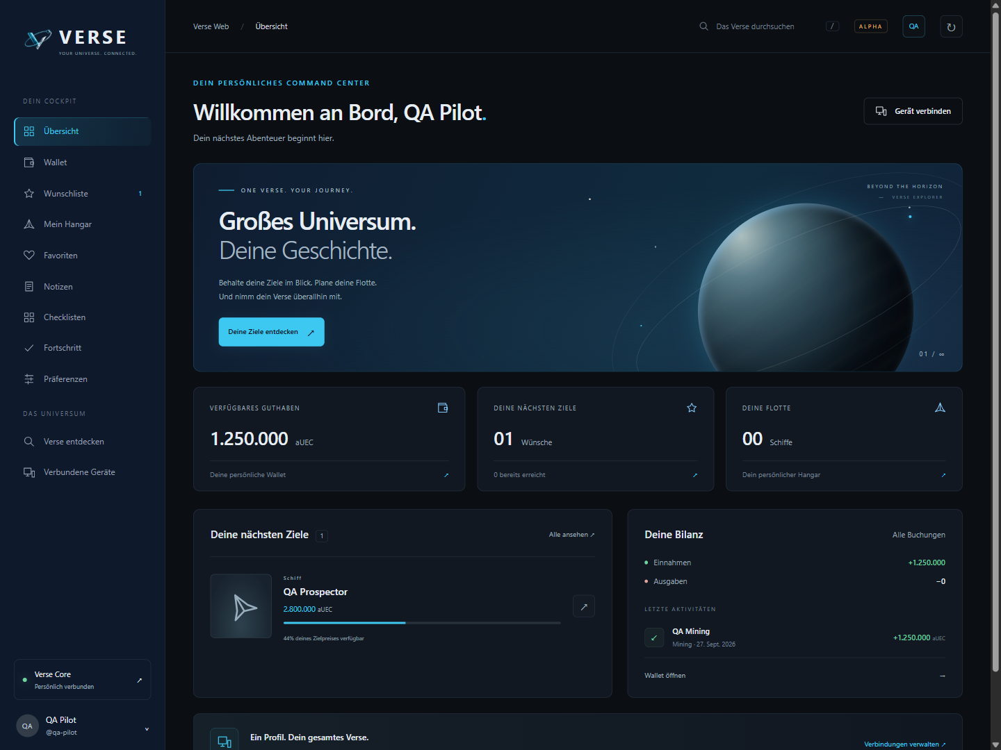 Verse: frühere Web-Alpha mit synthetischem QA-Profil